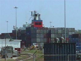 Container Ship Transiting Pedro Miguel Locks at Panama Canal